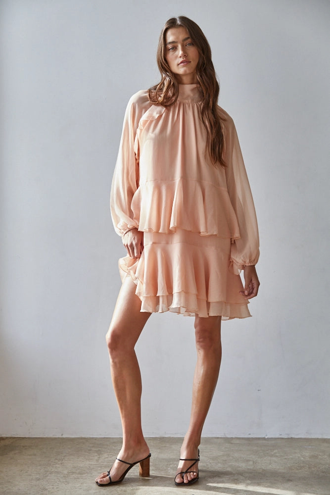 Chiffon Ruffled Mock Neck Mini