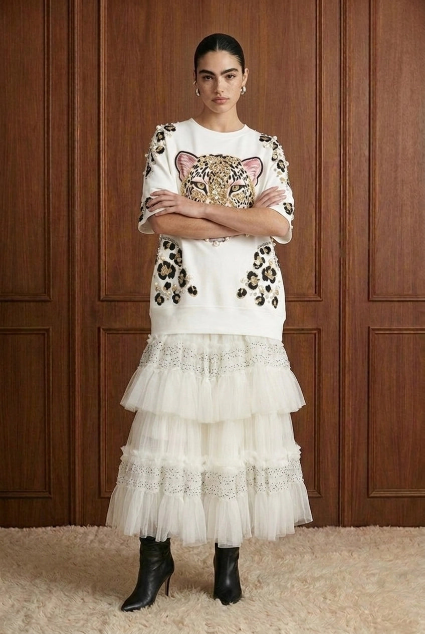 Embellished Leopard Motif Oversized T-Shirt