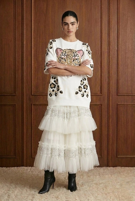Embellished Leopard Motif Oversized T-Shirt