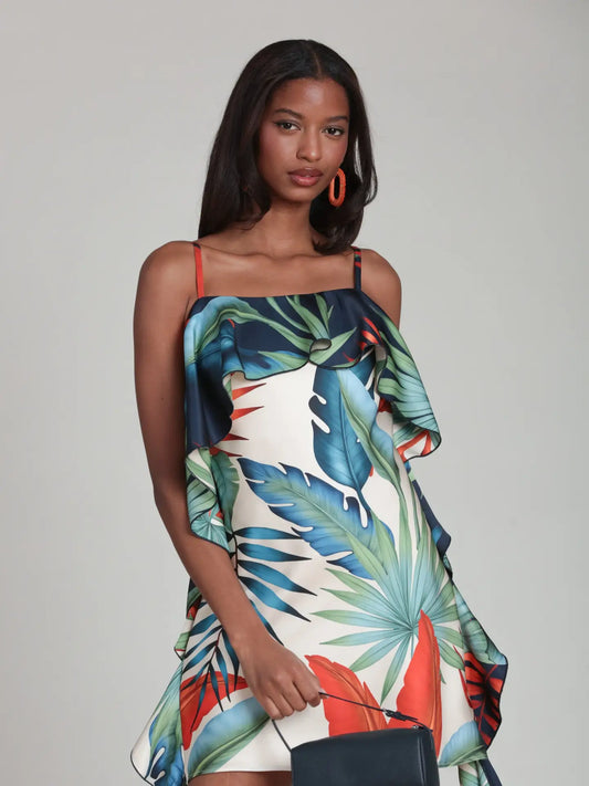 Tropical Asymmetric Drape Mini Dress