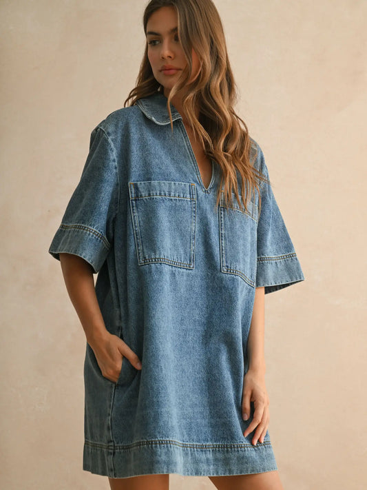 Denim V-Neck Tunic Dress