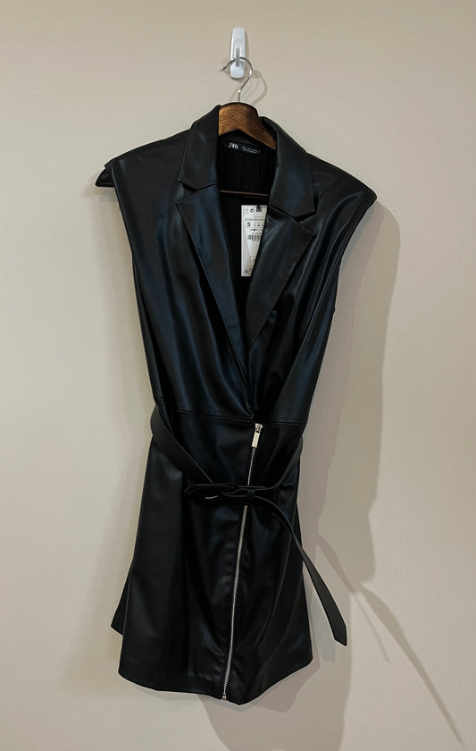 Zara Faux LEATHER VEGAN MINI BELTED DRESS- Black