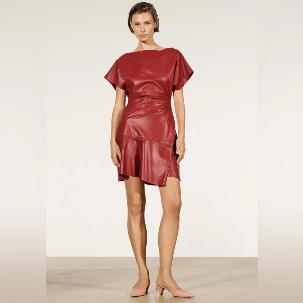 Zara Studio GENUINE Leather Dress with Side Zipper Accent and Draping